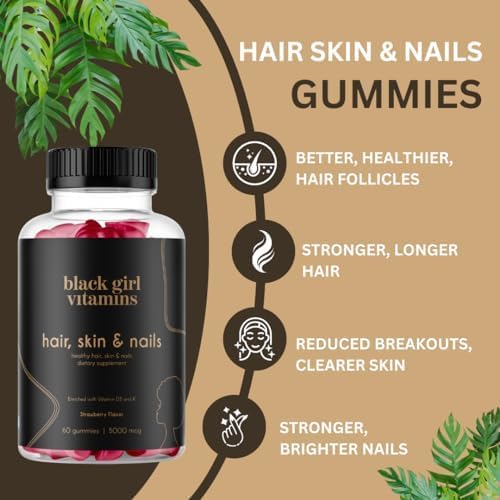 Black Girl Vitamins - Hair, Skin, and Nails Gummies with Biotin (6000 mcg), Zinc, Gelatin Free, Vitamin A, and Vitamin E - Gluten-Free. Made in The USA (Strawberry, 120 Count) 60 Day Supply