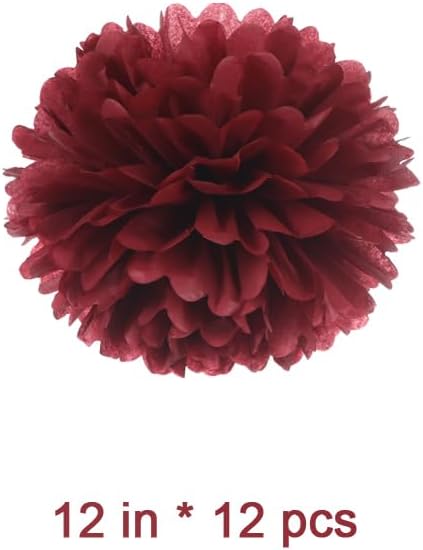 12" Burgundy Tissue Pom Poms DIY Hanging Paper Flower Balls for Bridal Shower Birthday Party Wedding Backdrop Dessert Table Decoration Supplies, Pack of 12