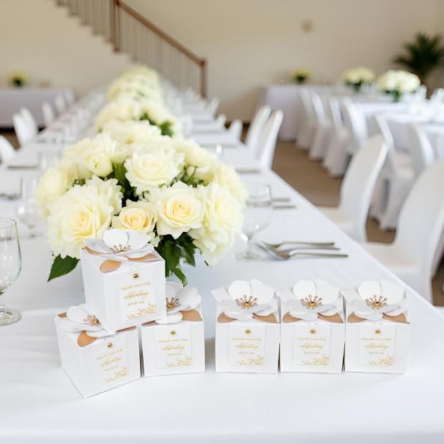 FEIYI 20 PCS White Gift Boxes, 3 In 1 Favor Boxes with Floral Decor, White Thank You Tags Cupcake Containers Gift wrapping for Wedding, Baby Shower, Birthday, Decorations Party - 3.55x3.55x3.55