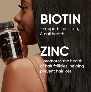 Black Girl Vitamins - Hair, Skin, and Nails Gummies with Biotin (6000 mcg), Zinc, Gelatin Free, Vitamin A, and Vitamin E - Gluten-Free. Made in The USA (Strawberry, 120 Count) 60 Day Supply