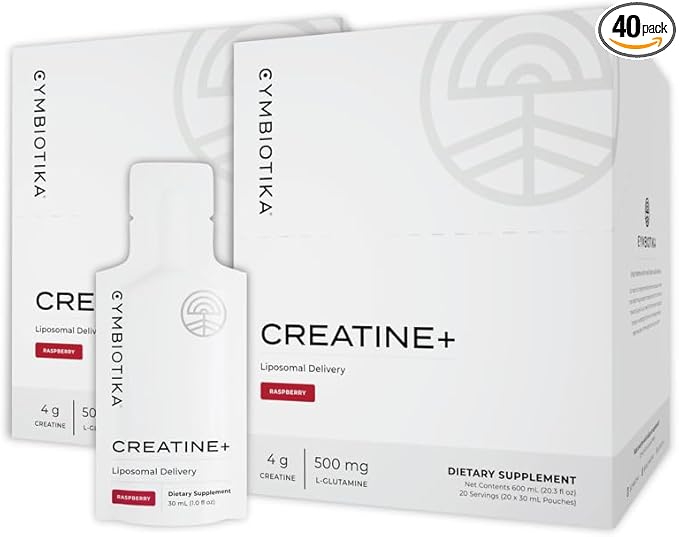 CYMBIOTIKA Liposomal Creatine+, 4mg Creatine and 500mg Glutamine, for Amino Energy, Recovery, Muscle Mass & Brain Support, Gluten Free & Vegan, Raspberry Flavor, 2 Month Supply, 60 Day Supply
