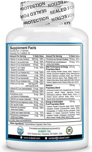 Multivitamin for Men with 38 Key Nutrients, B Complex, D3, A, C, Zinc, Magnesium, Calcium, Asian Ginseng, Ashwagandha, Turmeric for Bones, Muscle, Immunity | 60 Vegan Capsules | 1 Month Supply