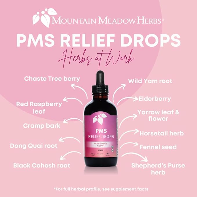 Mountain Meadow Herbs PMS Relief Drops | Liquid Herbal Supplement for Menstrual Period Discomfort | Hormonal Support for PMS Cramps, Mood Swings & Acne with Chaste Tree Berry (Vitex) & Wild Yam 4oz