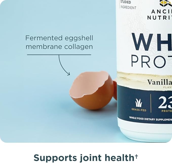 Ancient Nutrition Grass Fed Whey Protein, Vanilla Bean, 23g Protein, 20 Servings, Hydrolyzed Collagen Peptides, Organic Regenerative A2/A2 Milk Protein