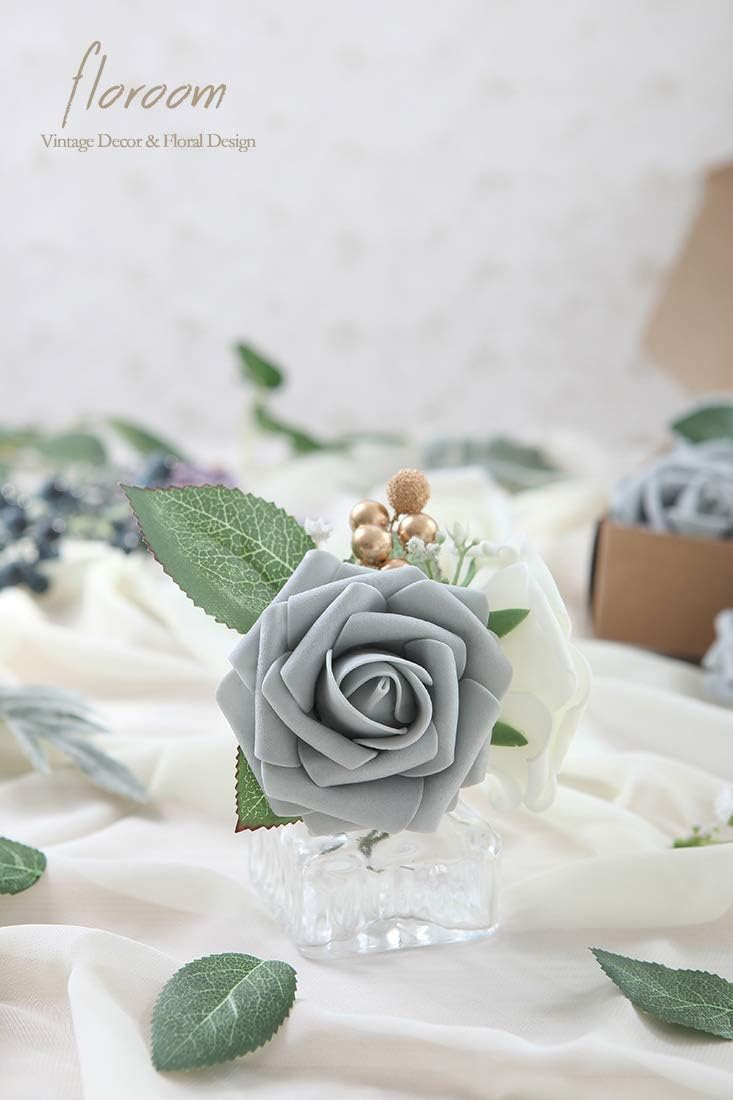 Floroom Artificial Flowers 25pcs Real Looking Silver Grey Foam Fake Roses with Stems for DIY Wedding Bouquets Bridal Shower Centerpieces Floral Arrangements Party Tables Home Decorations