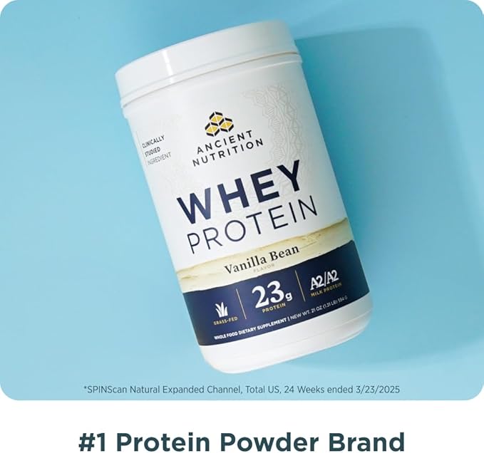 Ancient Nutrition Grass Fed Whey Protein, Vanilla Bean, 23g Protein, 20 Servings, Hydrolyzed Collagen Peptides, Organic Regenerative A2/A2 Milk Protein