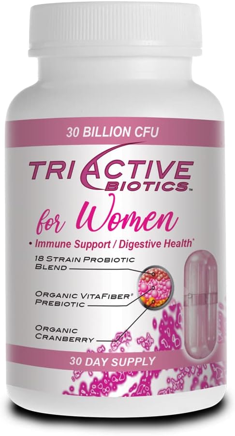 Triactive Biotics for Women - Probiotics for Women with 18 Strains, Organic VitaFiber Prebiotic & Cranberry to Digestive Support, Immune Defense, Urinary, Vaginal Health - 30 Capsules