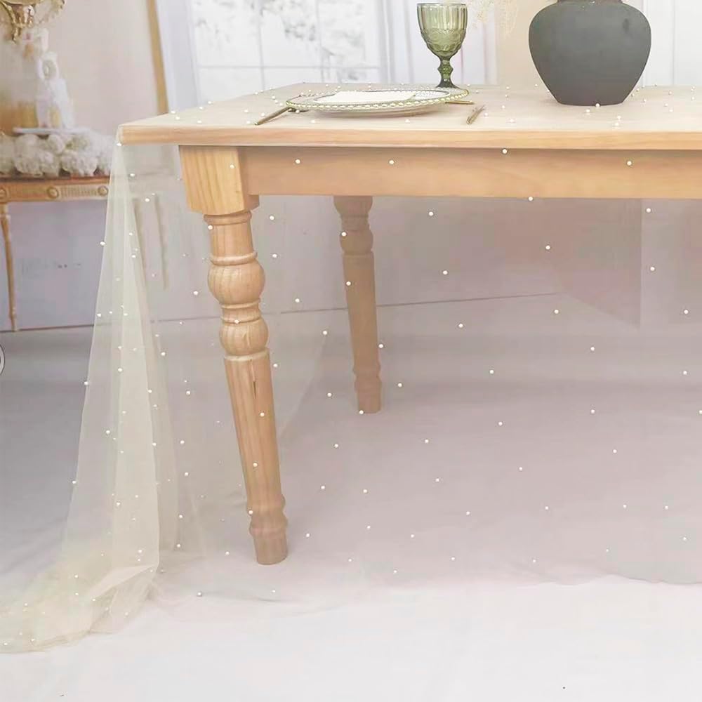EHLDekol Pearl Table Cloth Elegant Polyester Table Runner with Artificial Pearl Accents Extra Long 10 ft 60 x 120 Inches Pearl Tulle Table Runner for Wedding (60inch Width,Champagne, 4Packs)