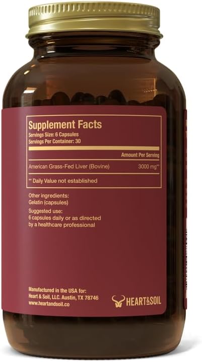 HEART & SOIL – American Liver Supplement – 3000mg Grass-Fed Beef Liver, Rich in Vitamin A, B12, Iron & Peptides – Non-GMO, Allergen-Free – 180 Capsules