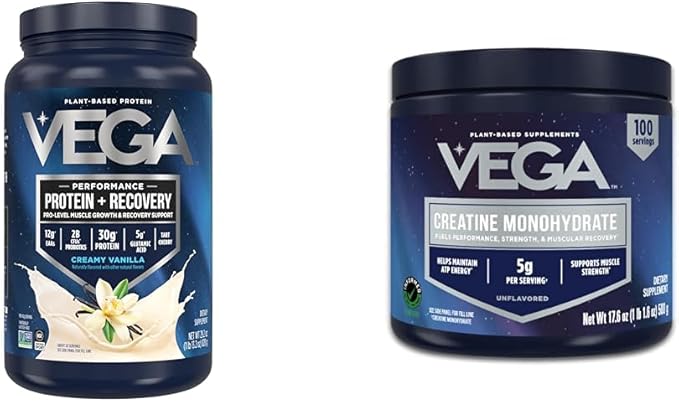 Vega Creatine Monohydrate Powder 17.6oz (100 Servings) Sport Protein & Recovery Vanilla Protein Powder 1.8lbs - Plant-Based Protein and Muscle Support