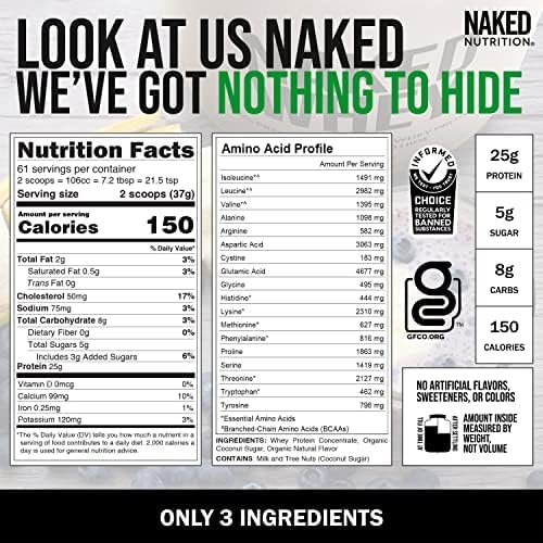 NAKED Vanilla Whey Protein Powder - All Natural Grass Fed Whey Protein Powder, Vanilla Flavor, Organic Coconut Sugar, 5Lb Bulk, GMO-Free, Soy Free, Gluten Free - 61 Servings