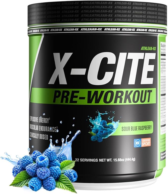 X-CITE Pre-Workout by ATHLEAN-X - Enhanced Formula with Beta-Alanine, Creatine & Caffeine for Energy, Endurance, Focus & Muscle Pump, NSF Certified for Sports (22 Servings, Sour Blue Raspberry)