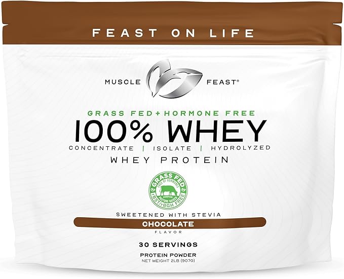 Muscle Feast 100% Grass Fed Whey Protein Powder, All Natural Hormone Free Paure Raised Whey Protein Powder for Women & Men- Whey Concentrate, Isolate & Hydrolyzed Protein Powder Blend - Chocolate, 2lb