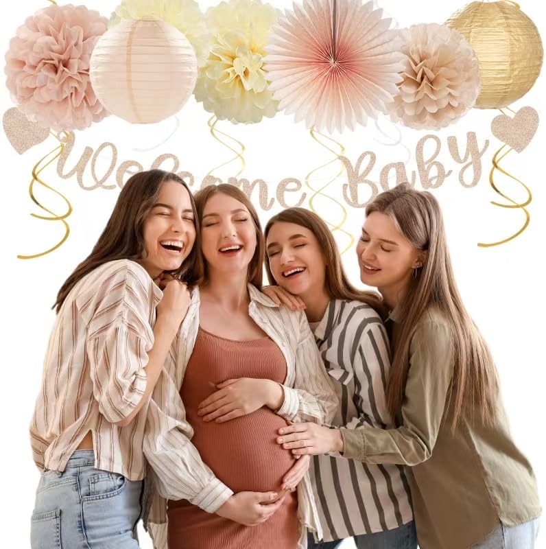 Champagne-Gold Beige Fall Baby-Shower Party-Decorations - 36pcs Welcome Home Banner Sign,Neutral Paper Lanterns,Girl Streamers Garland,Boho Hanging Tissue Pom Poms Flowers Fans Backdrop Decor Burgleda