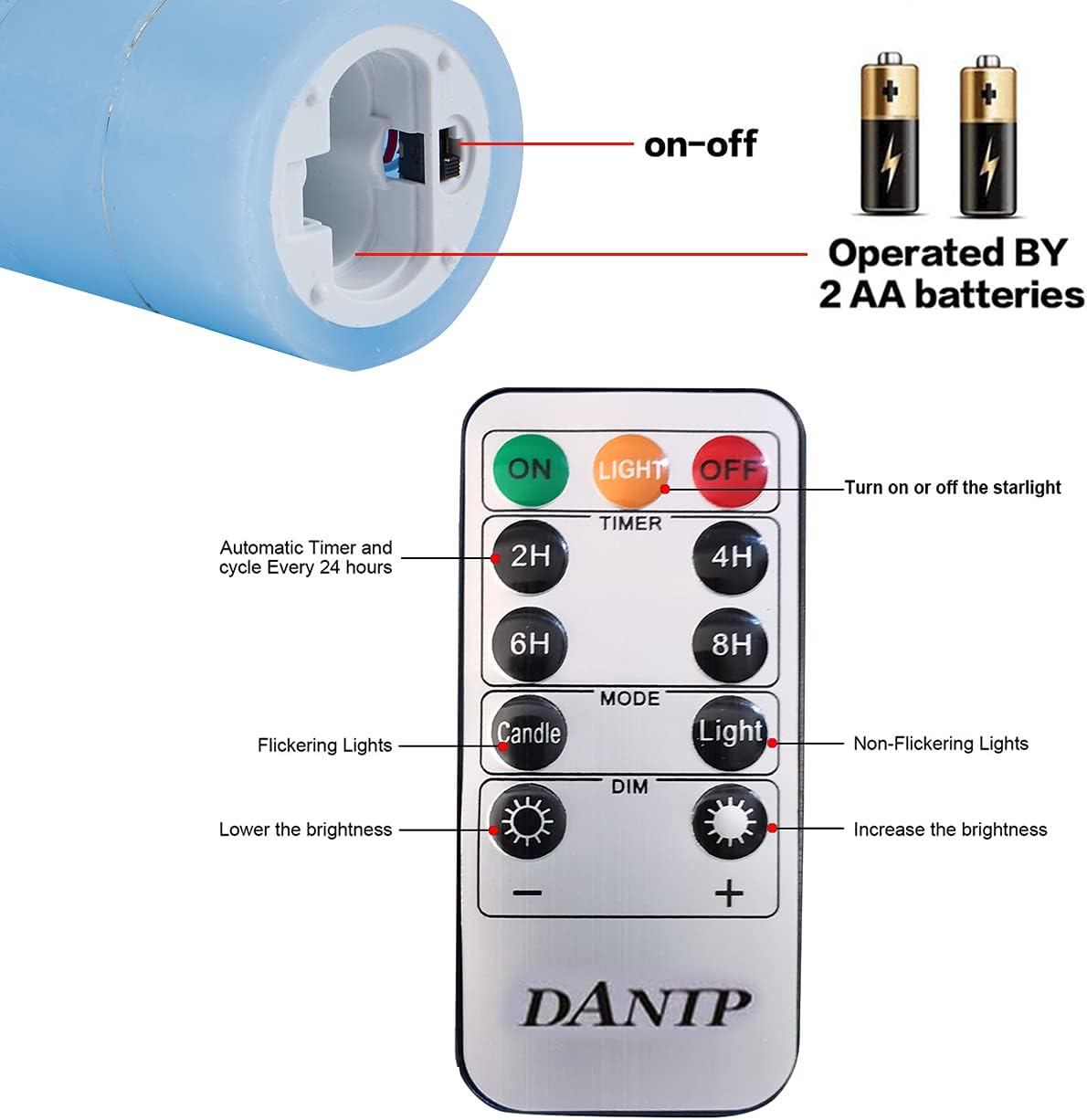 danip LED Flameless Candle with Embedded Star String, 5 Piece LED Candle with 10 Button Remote Control, 24 Hours Timer Function, Dancing Flame, Real Wax, Battery Powered. (Sky Blue)