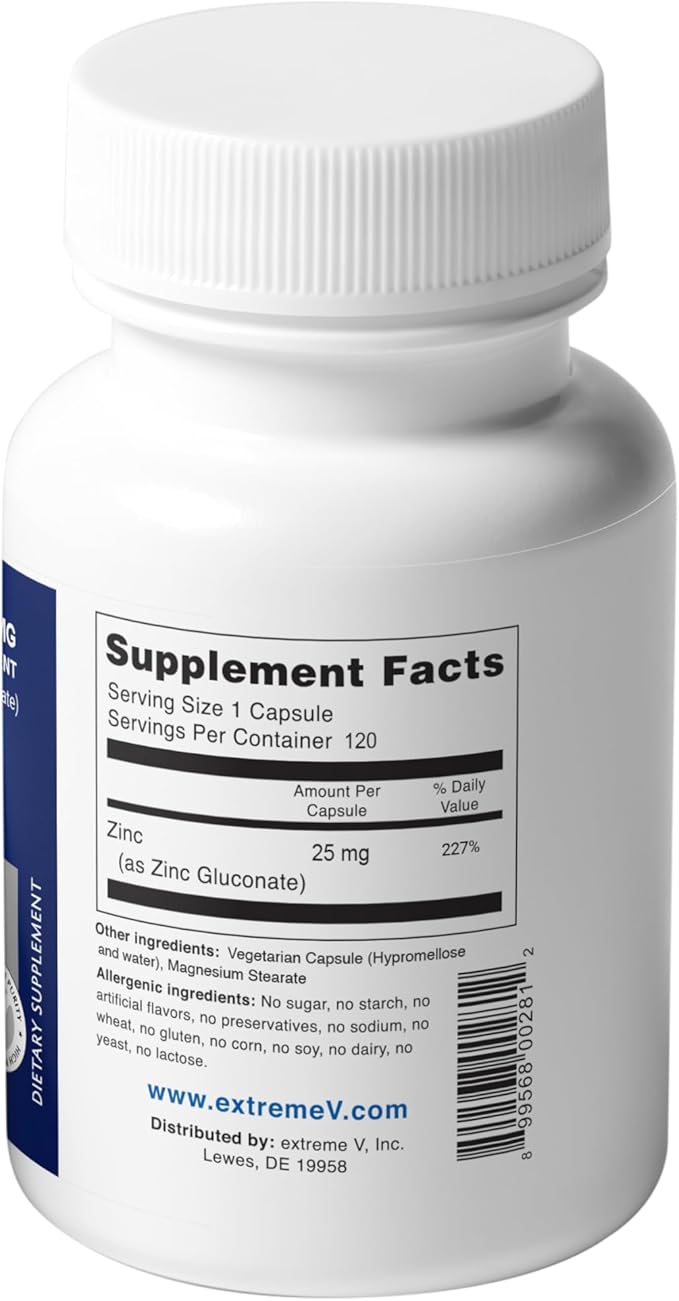 Gluzin™ Zinc Supplement 25 mg | Zinc Gluconate | Clean-Label, 120 Small Vegetarian Capsules | Gentle, Low-Dose Option for Daily Support