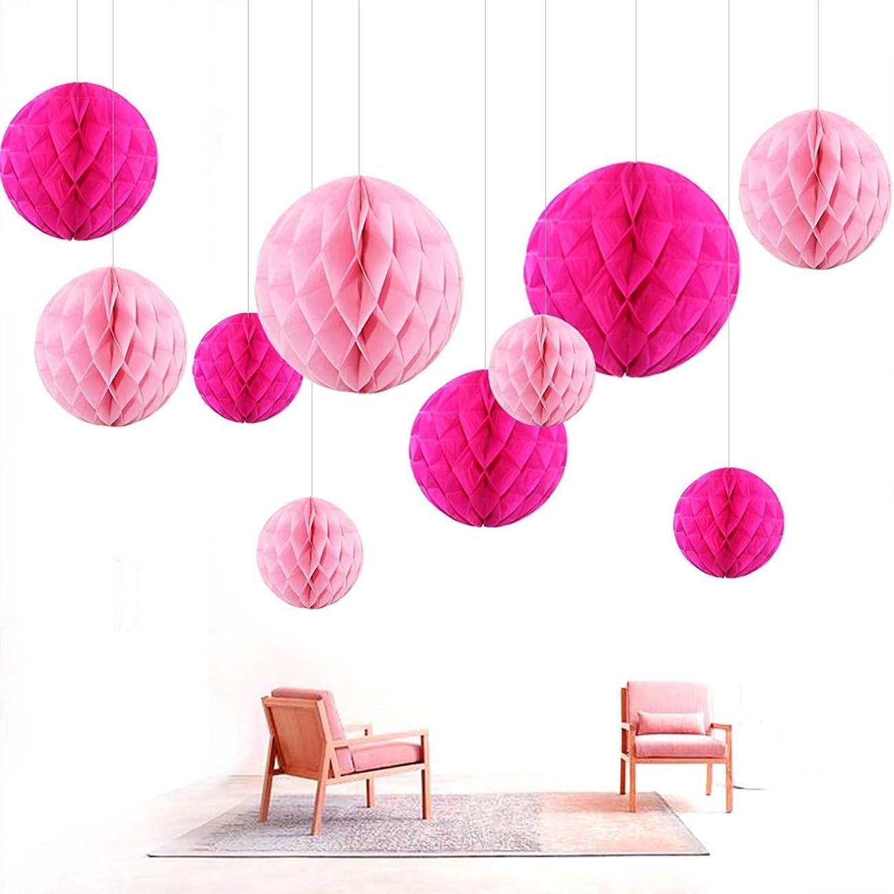 CC wonderland zone 12pcs Pink Paper Honeycomb Balls,Hanging Tissue Pom poms for Party Decoration,6inch&10inch