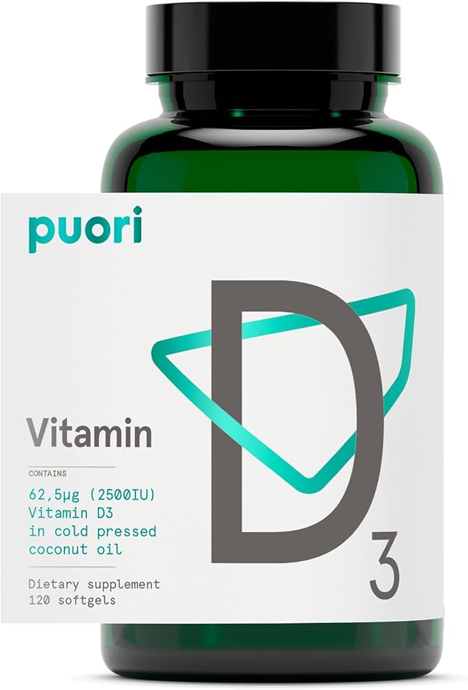 Puori Vitamin D3 with Organic Coconut Oil - 120 x 2500 IU - for Healthy Muscle Function, Bone Health, Immune Support and Calcium Uptake- Non-GMO and Gluten Free - For Children and Adults