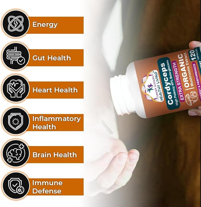 Cancer Sciences Cordyceps Mushroom Supplement Capsules - 1,500mg Organic Mushroom Complex for Wellness, High Potency 40% Beta-Glucans, Immune Support Supplement for Energy & Stamina Booster, 120 Count