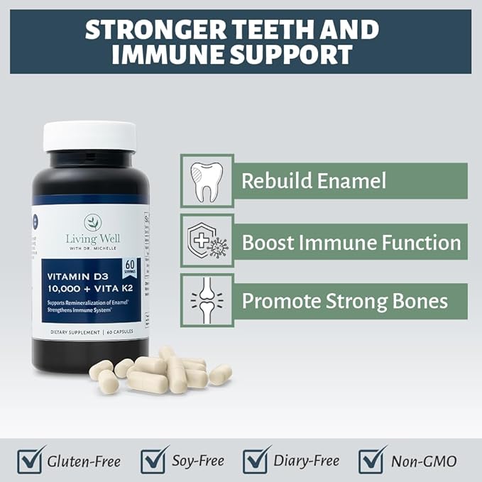 Vitamin D3 10,000 IU with K2 – Immune, Teeth, Bone Health Support, Non-GMO, Gluten & Dairy Free, 60 Day Supply, 60 Capsules