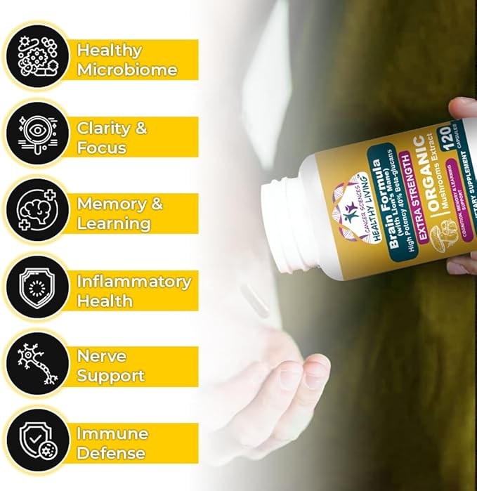 Cancer Sciences Brain Supplements for Memory and Focus - 1,500mg Brain Health Mushroom Supplement for Adults & Seniors - High Potency 40% Beta-Glucans for Immune Support & Vitamins, 120 Capsules