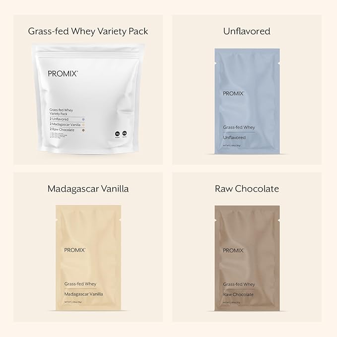 Promix Whey Protein Powder, Variety Pack (Unflavored, Vanilla, & Chocolate Flavors) Grass-Fed & 100% All Natural - Post Workout Fitness & Nutrition Shakes, Smoothies, Baking & Cooking Recipes