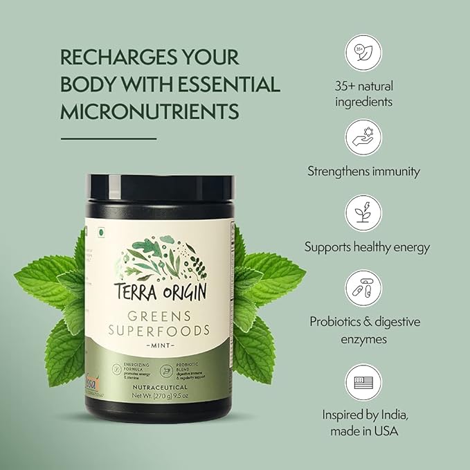 TERRA ORIGIN Healthy Superfood Greens Powder Drink with Probiotics & Ashwagandha | Adaptogen & Digestive Enzyme Fruit and Veggie Blend | for Gut Health, Energy, Immune Support | 30 Servings | Mint