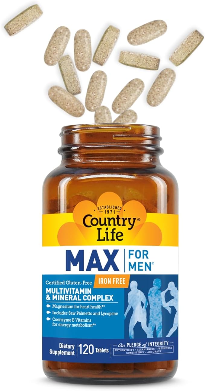 Country Life Max for Men Multivitamin: Iron-Free, Gluten Free, Saw Palmetto, Lycopene, Daily Support for Energy, Heart & Men's Health,120 Vegetarian Tablets