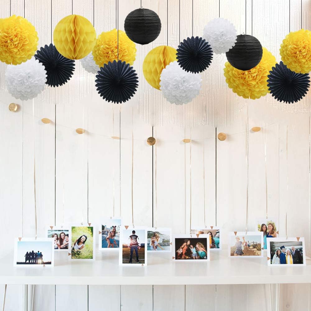 Yellow White Black Party Decorations 16pcs Paper Pom Poms Honeycomb Balls Lanterns Tissue Fans for Bee Day Party Batman Birthday Graduation Baby Shower