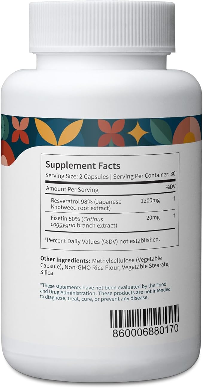 Pattern Wellness Resveratrol Supplement with Fisetin - Natural Antioxidant Booster - Whole Body & Heart Health, Healthy Immune Responses - No Fillers & Binders - USA Tested - 60 Non-GMO Capsules