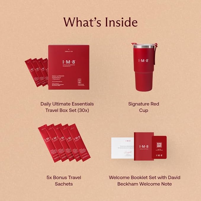 IM8 Daily Ultimate Essentials All-in-One Multivitamin Supplement, 92 Nutrient Rich Ingredients CoQ10, Probiotics, Vitamins, Greens, GF, Acai Mixed Berry (30 Servings, Travel Packs - Tumbler Included)