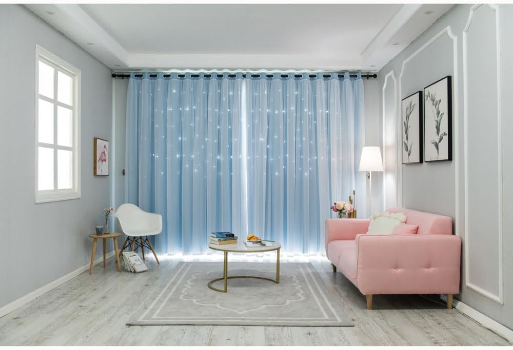 FANLI 2 Panels Star Blackout Curtains for Kid Girls Bedroom Living Room Darking Stripe Double Layer Star Cut Out Wall Home Decor Gradient Grommet Window Curtains (Blue 84L)