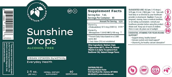 Mountain Meadow Herbs Sunshine Drops | Vegan Vitamin D3 Booster for Healthy Bones & Teeth | Ideal Winter Supplement | Tincture 2oz
