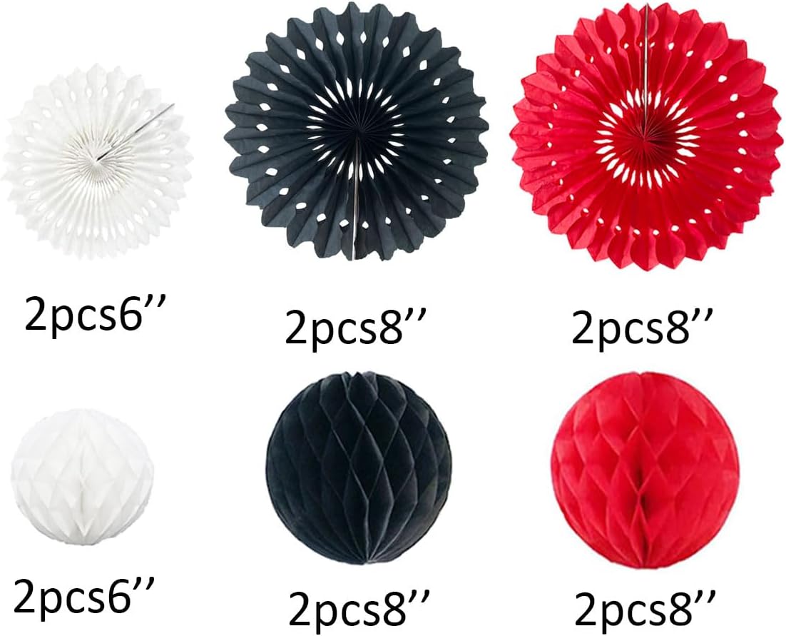 12pcs 6’’ 8’’ Honeycomb Balls Tissue Paper Fans Party Honeycomb Ball Fans Wall Tissue Pom Poms Flower Ball Hanging Paper Fans for Party Baby Shower Birthday Wedding Nursery Decor(red Black White kit)