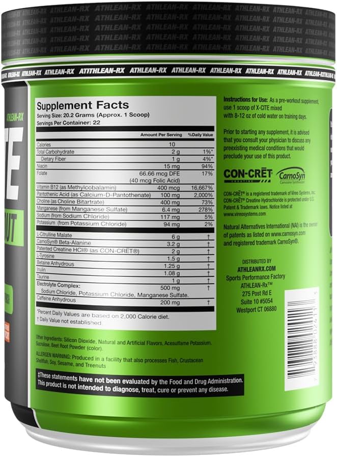 X-CITE Pre-Workout by ATHLEAN-X - Enhanced Formula with Beta-Alanine, Creatine & Caffeine for Energy, Endurance, Focus & Muscle Pump, NSF Certified for Sports (22 Servings, Fresh Squeezed Orange)