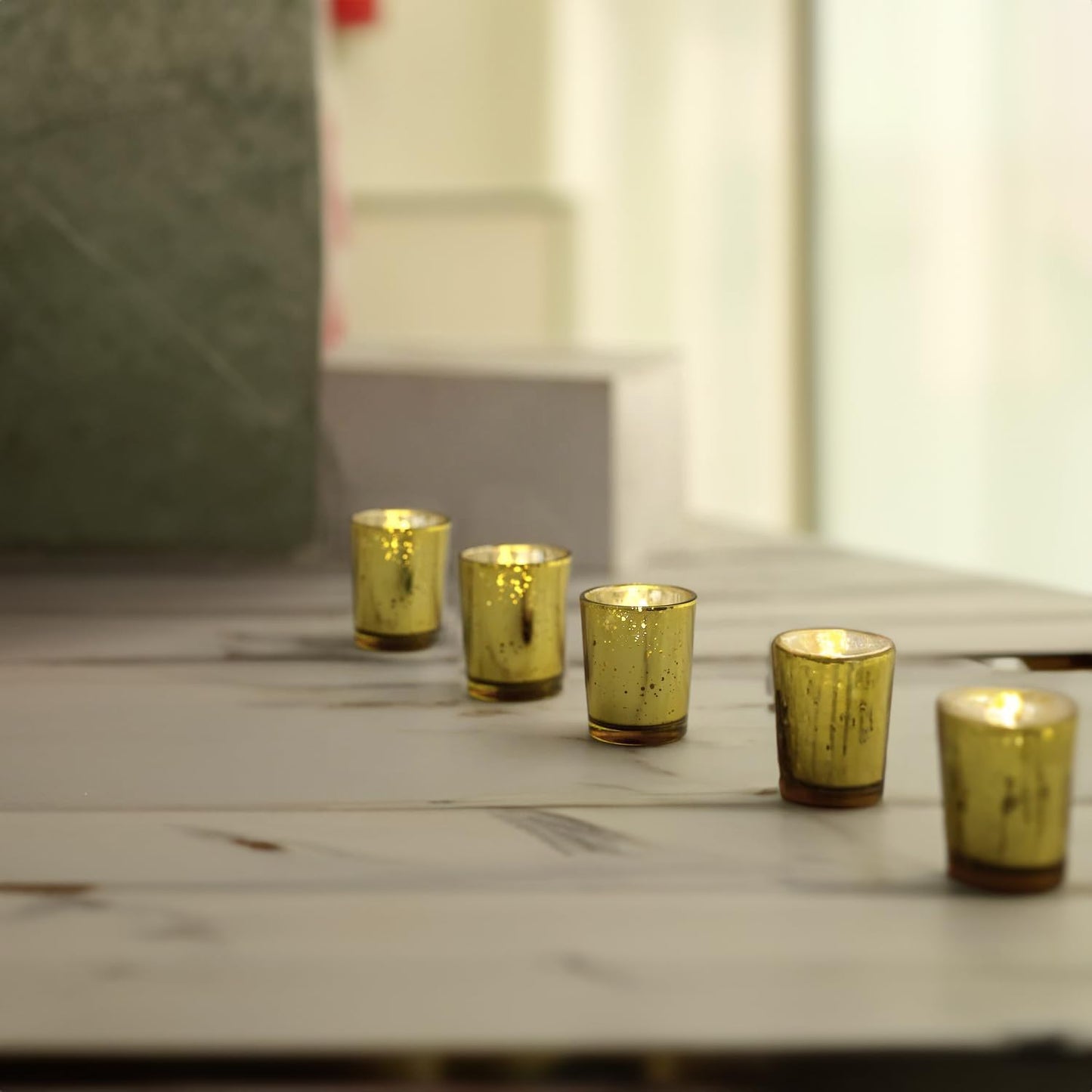 WGV Gold Speckled Tea Light Votive Candle Holder 2.2x2.75, Small Tiny Utility Cylinder Mercury Glass Vase, Home Accent Decor, 24 Pieces