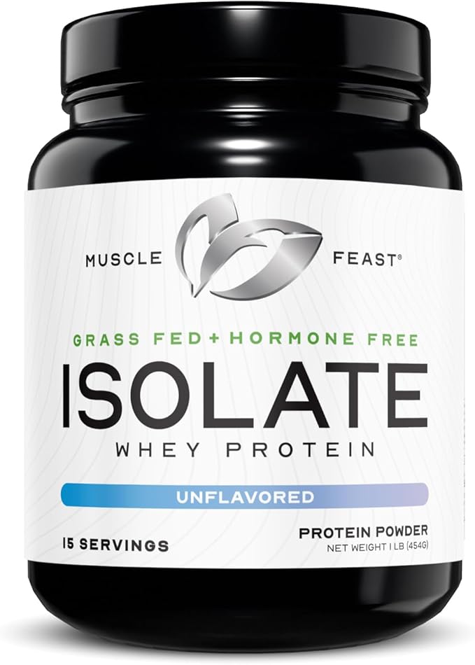 Muscle Feast Grass-Fed Whey Protein Isolate, All Natural Hormone Free Pasture Raised, Whey Isolate Protein Powder for Men and Women, Clean, Non-GMO & Gluten-Free, Isolate Protein - Unflavored, 1lb