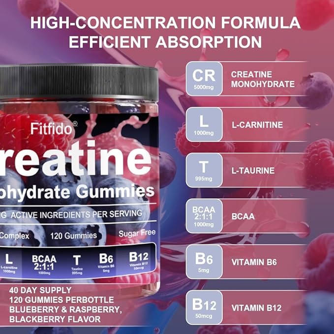 Creatine Monohydrate Gummies Complex 8000mg for Men and Women, Containing L-carnitine & Taurine, Build Muscle, Boost Energy, Faster Recovery, Pre-Workout Supplement, Raspberry & Blackberry, 120 Count