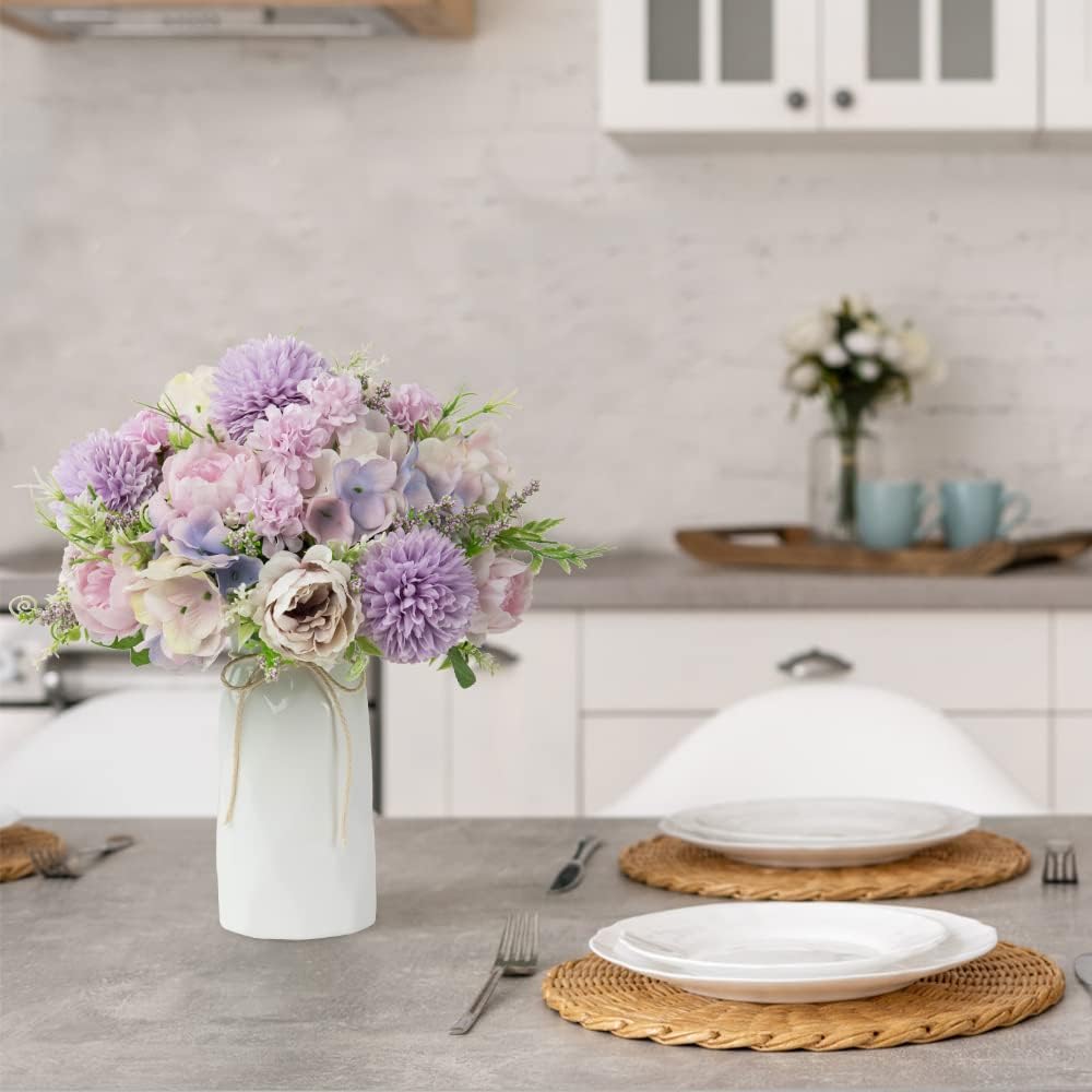 LESING Artificial Peony with Vase Silk Flowers Bouquets Fake Hydrangea Bulks for Home Table Centerpieces Wedding Decoration(Purple-1)