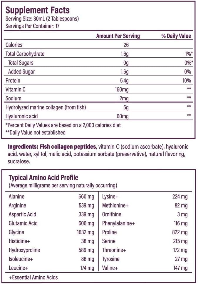 Bioavailable Liquid Marine Collagen Peptides Drink- Hyaluronic Acid & VIT C - Reduces Wrinkles - Thick Hair, Lashes, Brows, Nails - No Gluten, Dairy, Nut, Soy - Unflavored Sweet, 16.9 oz