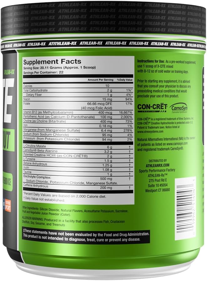 X-CITE Pre-Workout by ATHLEAN-X - Enhanced Formula with Beta-Alanine, Creatine & Caffeine for Ultimate Energy, Endurance, Focus & Muscle Pump, NSF Certified for Sports (22 Servings, Cherry Lemon Ice)