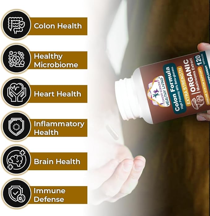 Cancer Sciences Colon Wellness Supplement, USDA Certified Organic Mushrooms Extract, Extra Strength 1,500 mg, High Potency 40% Beta-Glucans, Immune, Gut & Digestive, Colon Cleanse & Detox, 120 Caps