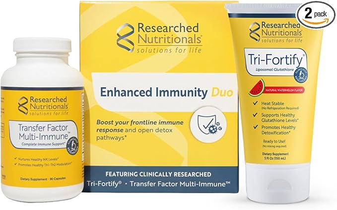 Researched Nutritionals Liposomal Glutathione (450mg) + Colostrum & Mushrooms Supplement for Immunity - Enhanced Immunity Duo - Tri-Fortify Watermelon + Transfer Factor Multi-Immune (2 Piece Set)