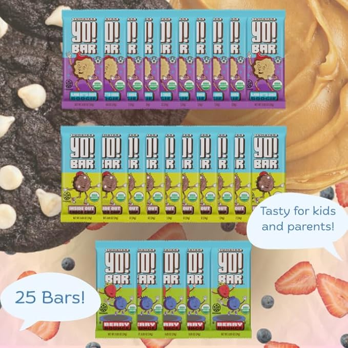 Bearded Brothers Yumster Yo! Bearded Brothers Yumster Yo! Bar Vegan Kids Bars with Plant Based Protein Organic Kids Snacks Soy, Dairy, Gluten Free, Non-GMO - 25 Pack Variety Pack (10 x Almond Butter Cookie / 10 x Inside Out Choco Chip / 5 x Berry Bounce)