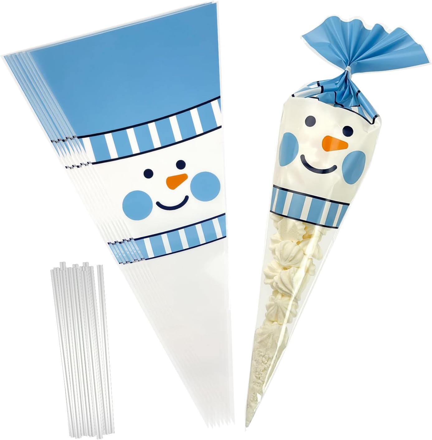 EKAPACKAGING 50Pcs 7x15 Inches Snowman Print Cone Shaped Treat Bags with Ties, Christmas Clear Cellophane Bags, Party Favor Bags for Popcorn, Cookies, Cotton Candy, Gift, and Pretzel Rod