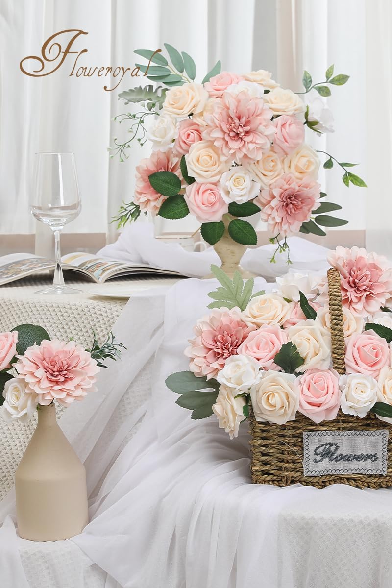 Floweroyal Artificial Pink Flowers Fake Rose Flowers Dahlia with Stems for DIY Wedding Bridal Bouquets, Baby Shower, Floral Arrangement, Table Centerpieces, Home Decorations.