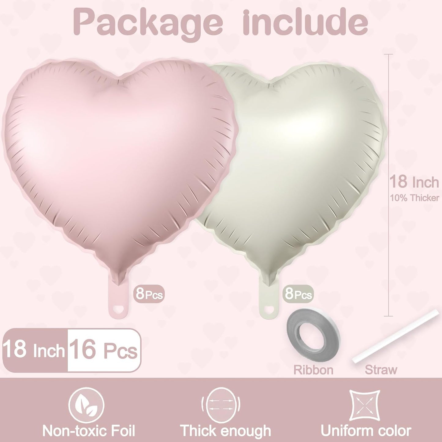 16 Pcs Heart Balloons, 18 Inch Pink White Sand Love Heart Shaped Foil Balloons for Wedding Anniversary Birthday Party Valentine Decorations Baby Shower Bridal Shower Engagement Decorations Supplies