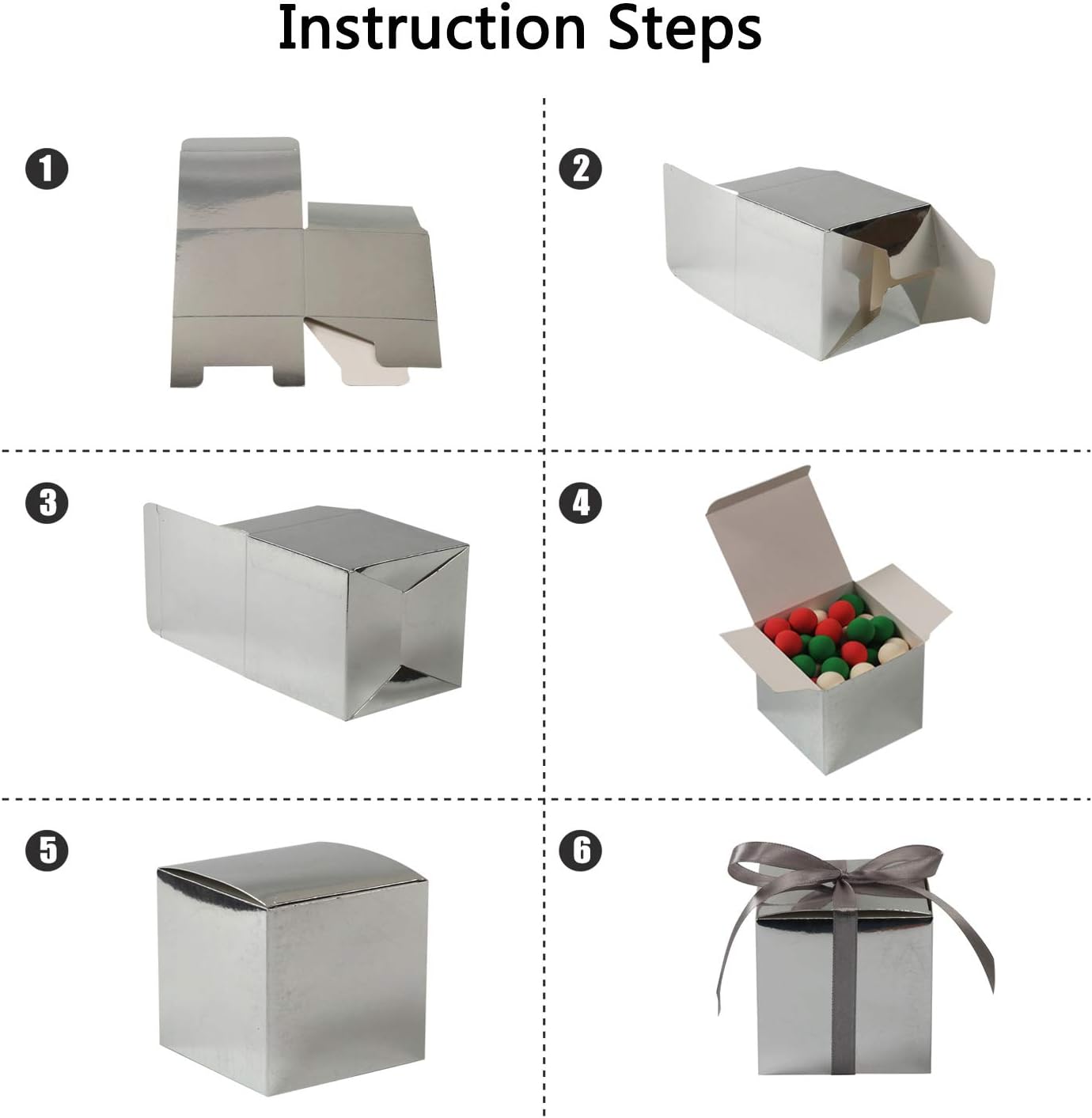 COTOPHER 100pcs Wedding Favor Boxes, Paper Gift Boxes 3x3x3 Inches Small Gift Boxes with Ribbons Small Boxes for Gifts, Crafting, Cupcake, Candy, Bridesmaid Proposal Boxes (Metallic Silver)