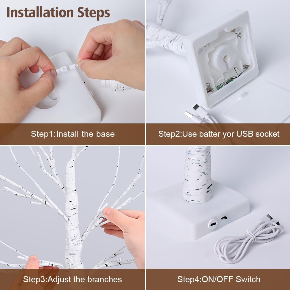 2FT Lighted Birch Tree,Christmas Decorations for Indoor,Table Top Christmas Trees with Lights,Dual Power USB or Battery,Lighted Tree for Winter Holidays Halloween Wedding Decor Set of 2