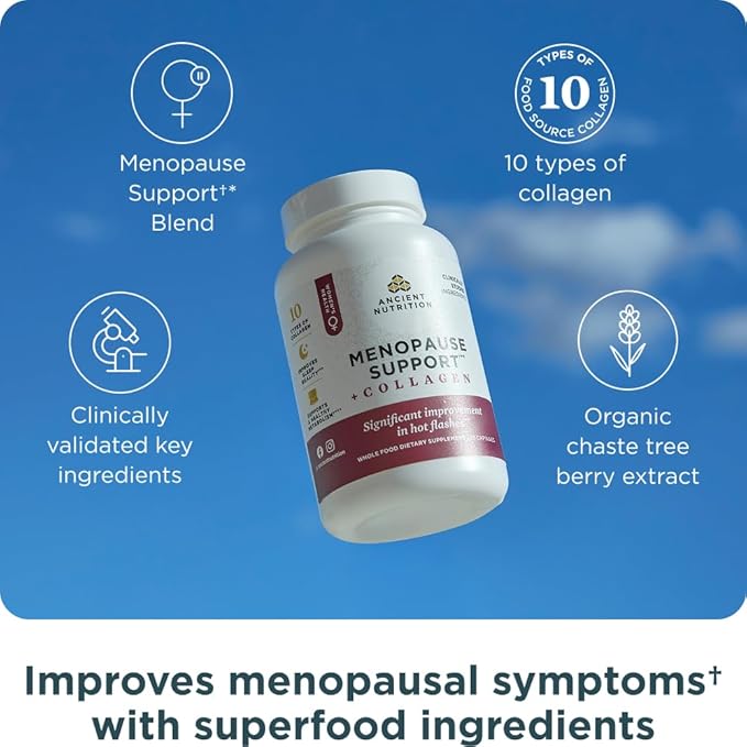 Ancient Nutrition Menopause Support + Collagen Supplement, Hydrolyzed Collagen Peptides, Key Clinically Validated Superfoods, Significant Improvement in Hot Flashes and Sleep Quality, 60 Capsules